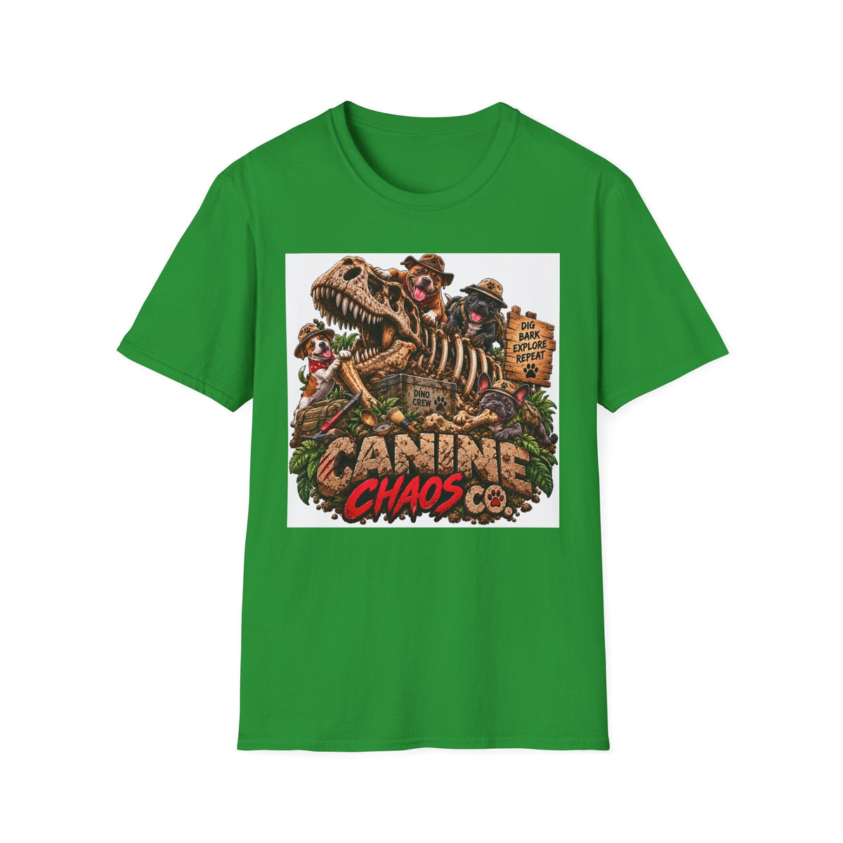 Canine Chaos Co. T-Shirt – Dino Skeleton Dog Adventure Graphic Tee