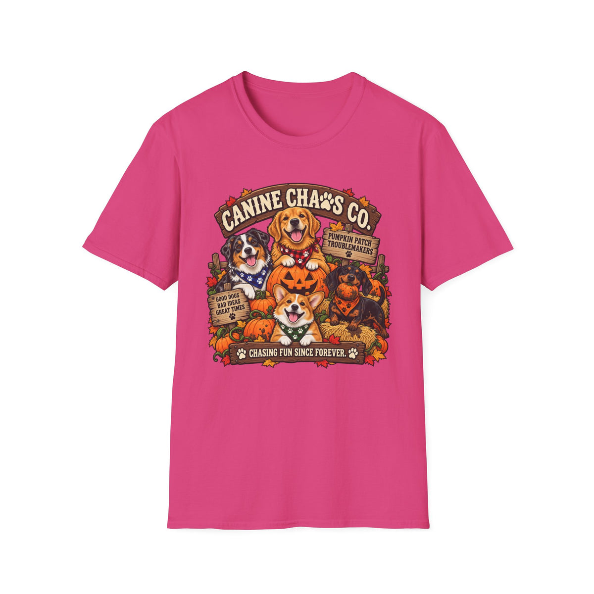 Canine Chaos Co. Halloween Dog T-Shirt — "Chasing Fun Since Forever" Cute Fall Puppy Tee