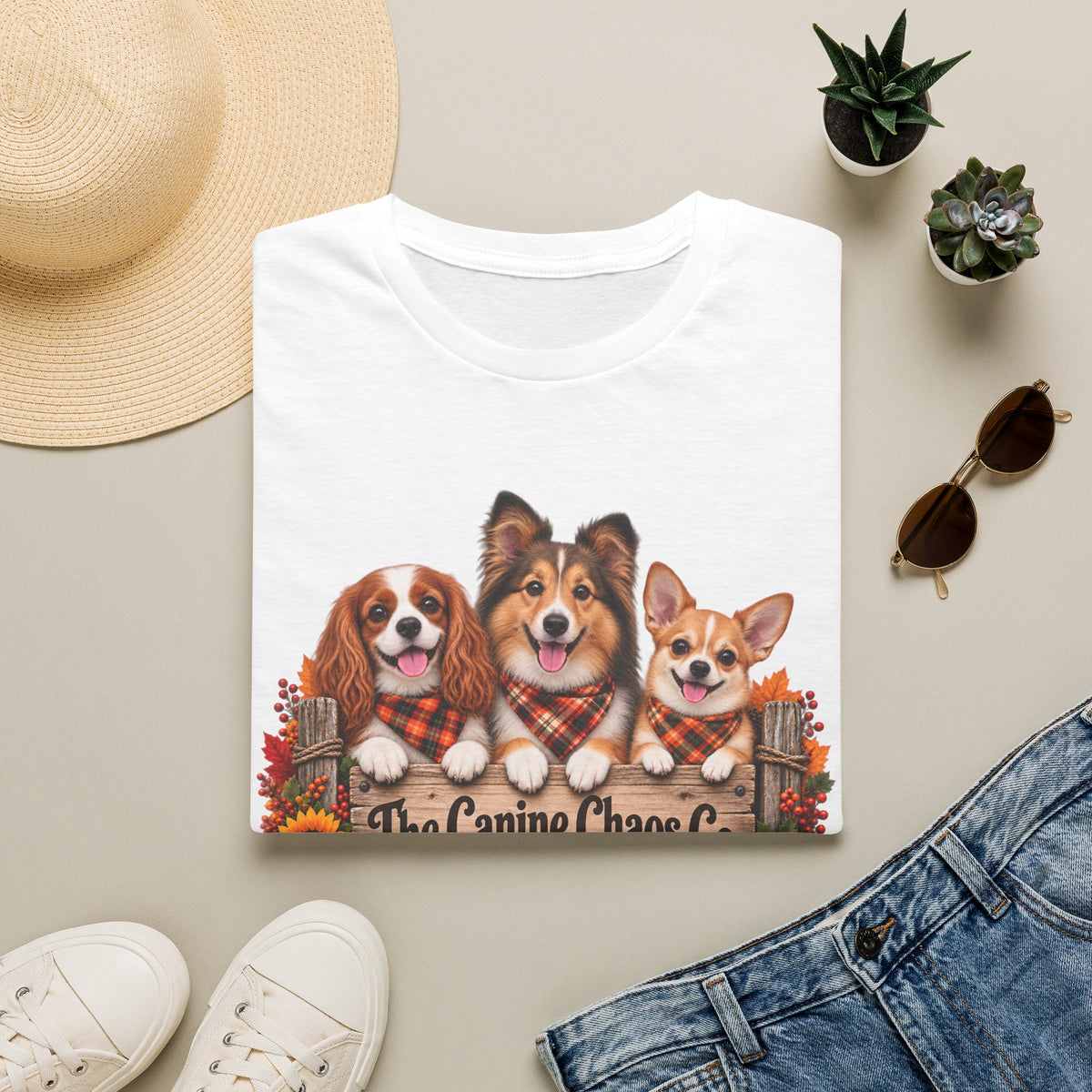 Fall Dog Trio T-Shirt — Cute Autumn Puppies with Plaid Scarves