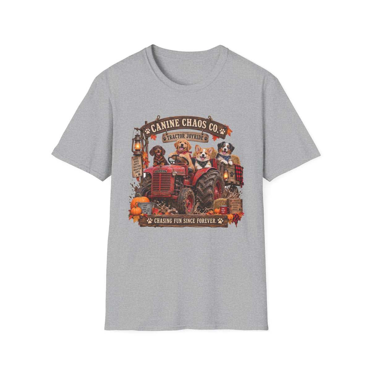 Canine Chaos Co. Fall Tractor T-Shirt — Cute Dogs on Tractor, Harvest & Pumpkin Farm Tee
