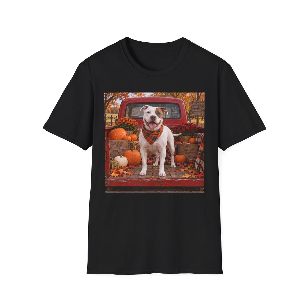 Dog & Pumpkins Fall T-Shirt — Cute Pitbull in Pickup Truck Autumn Tee