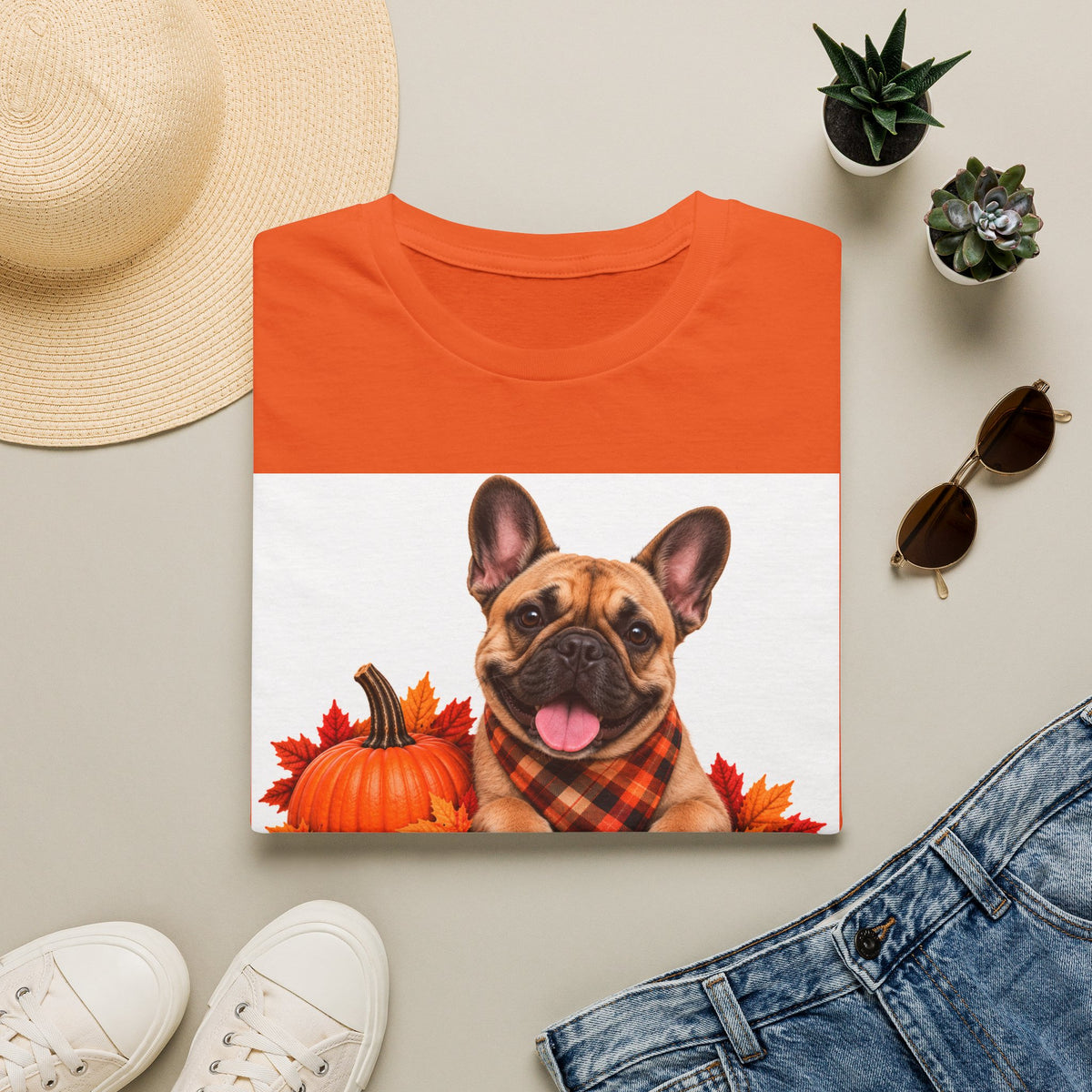 French Bulldog Fall T‑Shirt — 'Canine Choc Co.' Pumpkin & Plaid Dog Tee