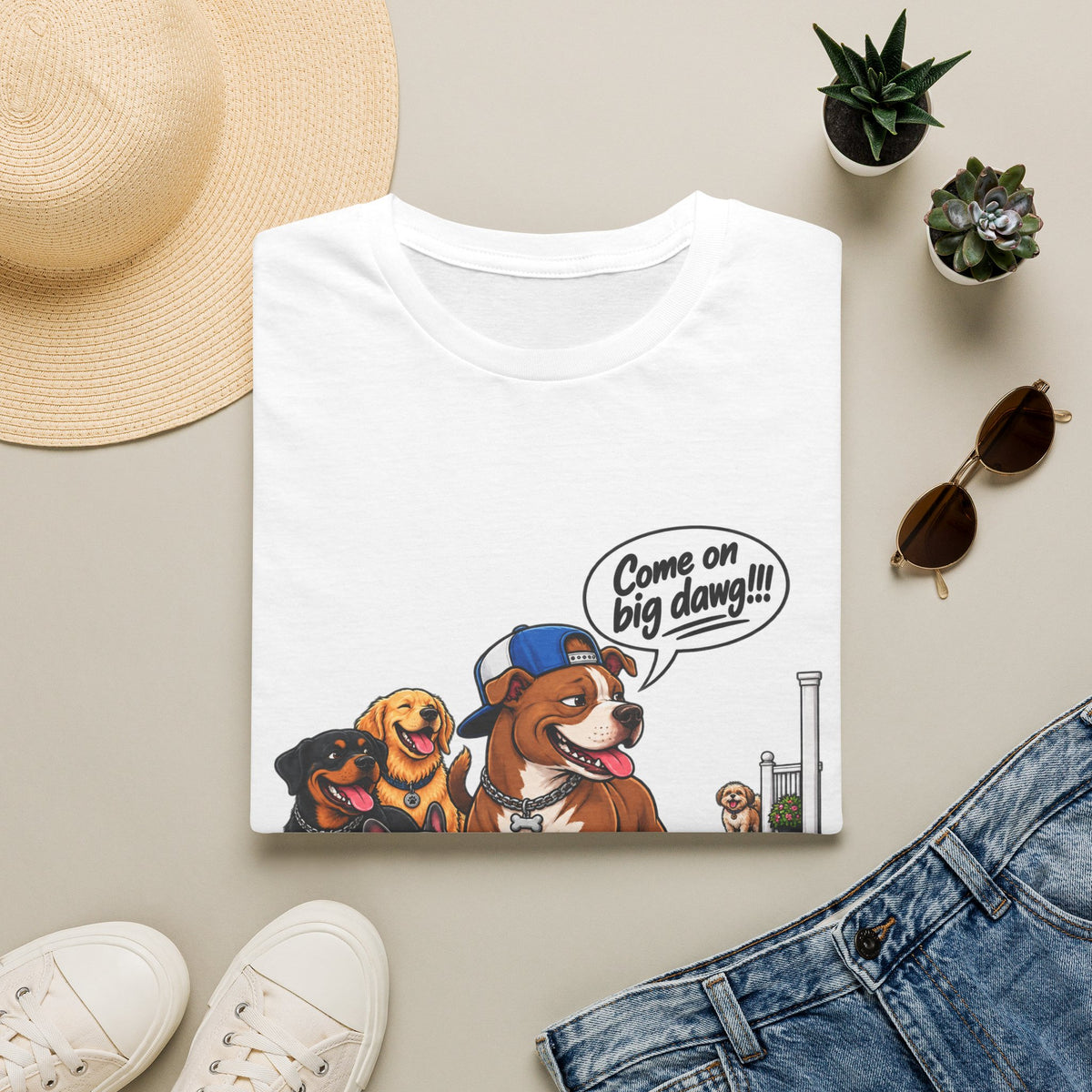 Dog Pack T‑Shirt — “Come on big dawg!” Cartoon Rescue Dogs Tee