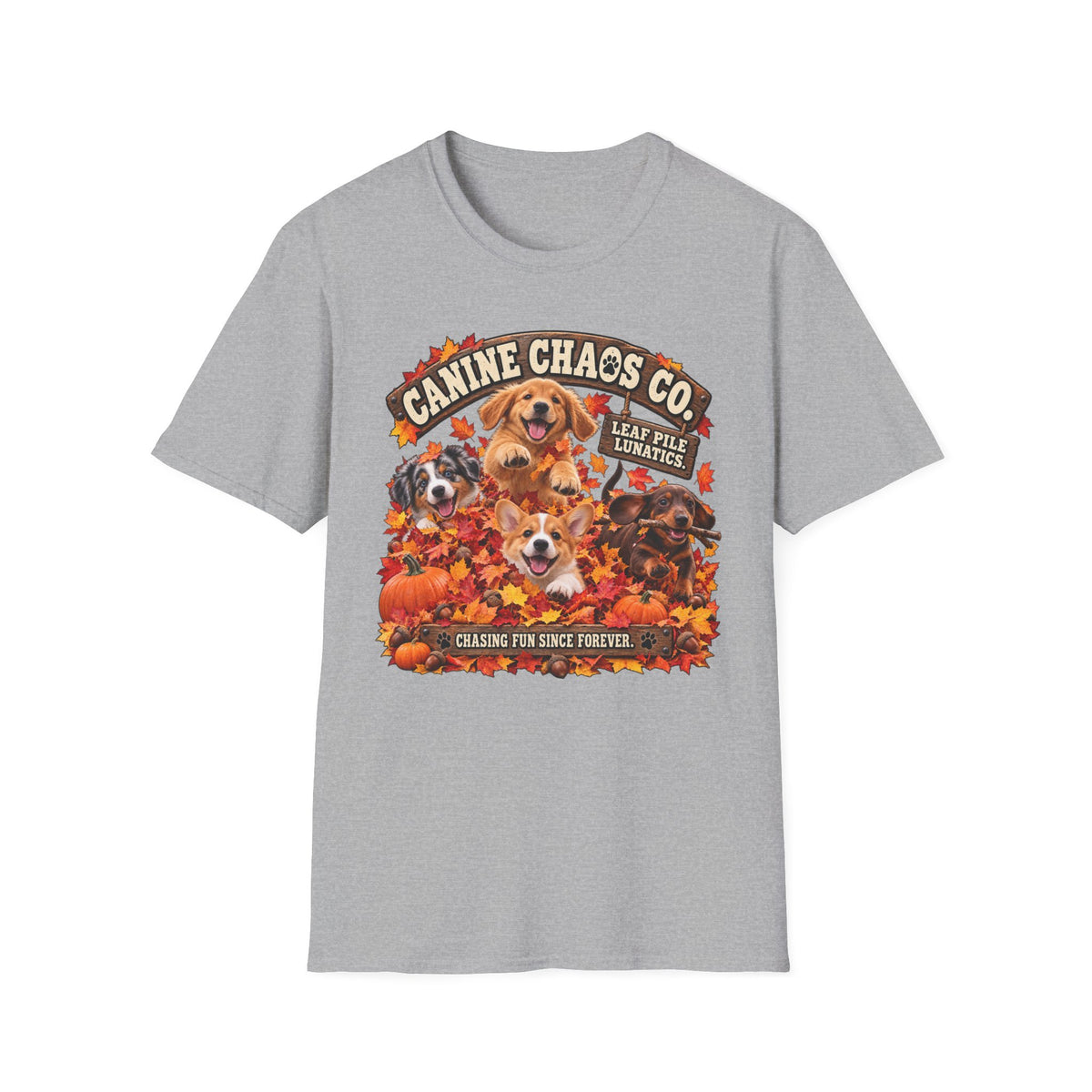 Canine Chaos Co. Fall Dogs T-Shirt — 'Leaf Pile Fanatics' Autumn Puppy Tee