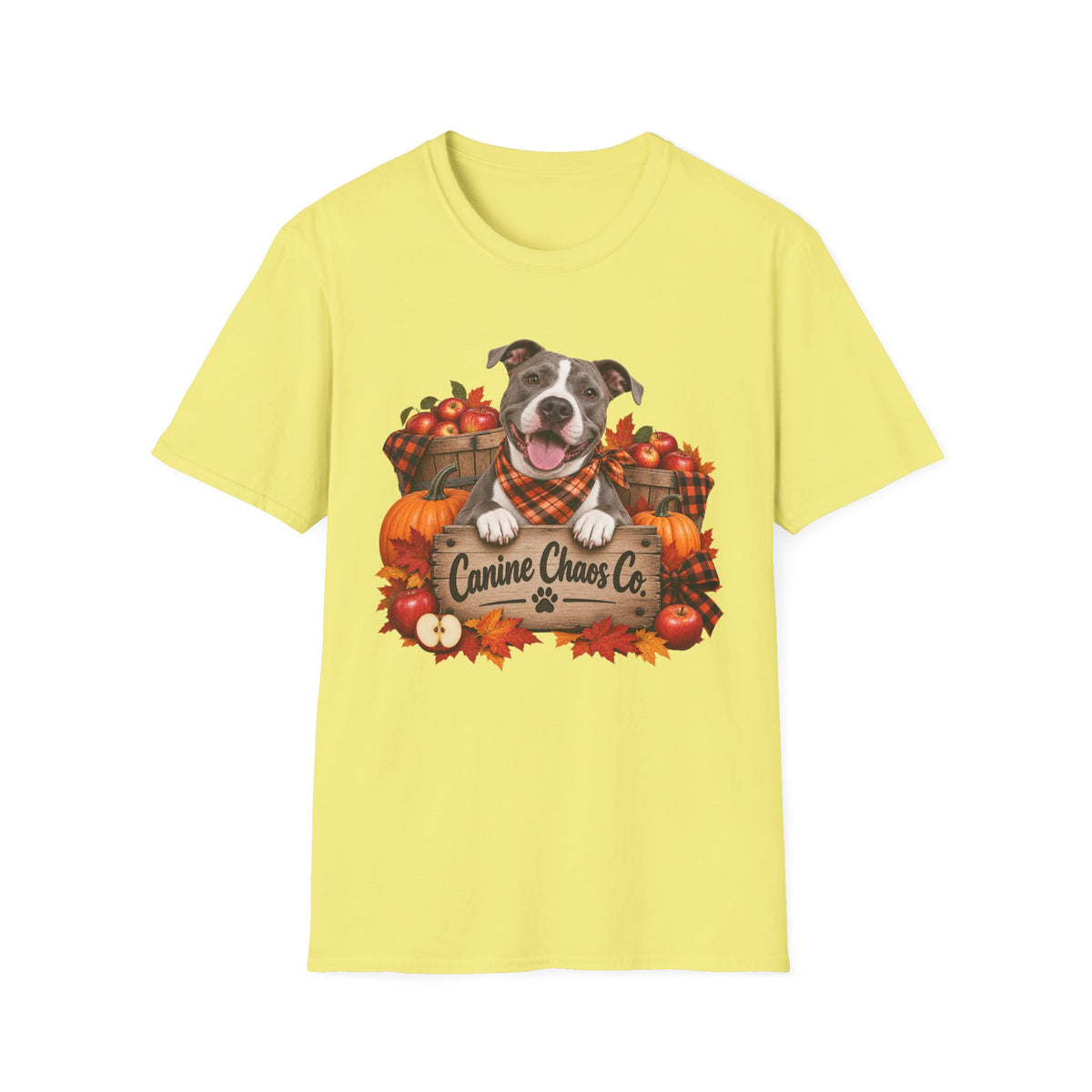 Fall Dog T-Shirt — 'Canine Chaos Co.' Autumn Pumpkin & Leaves Tee