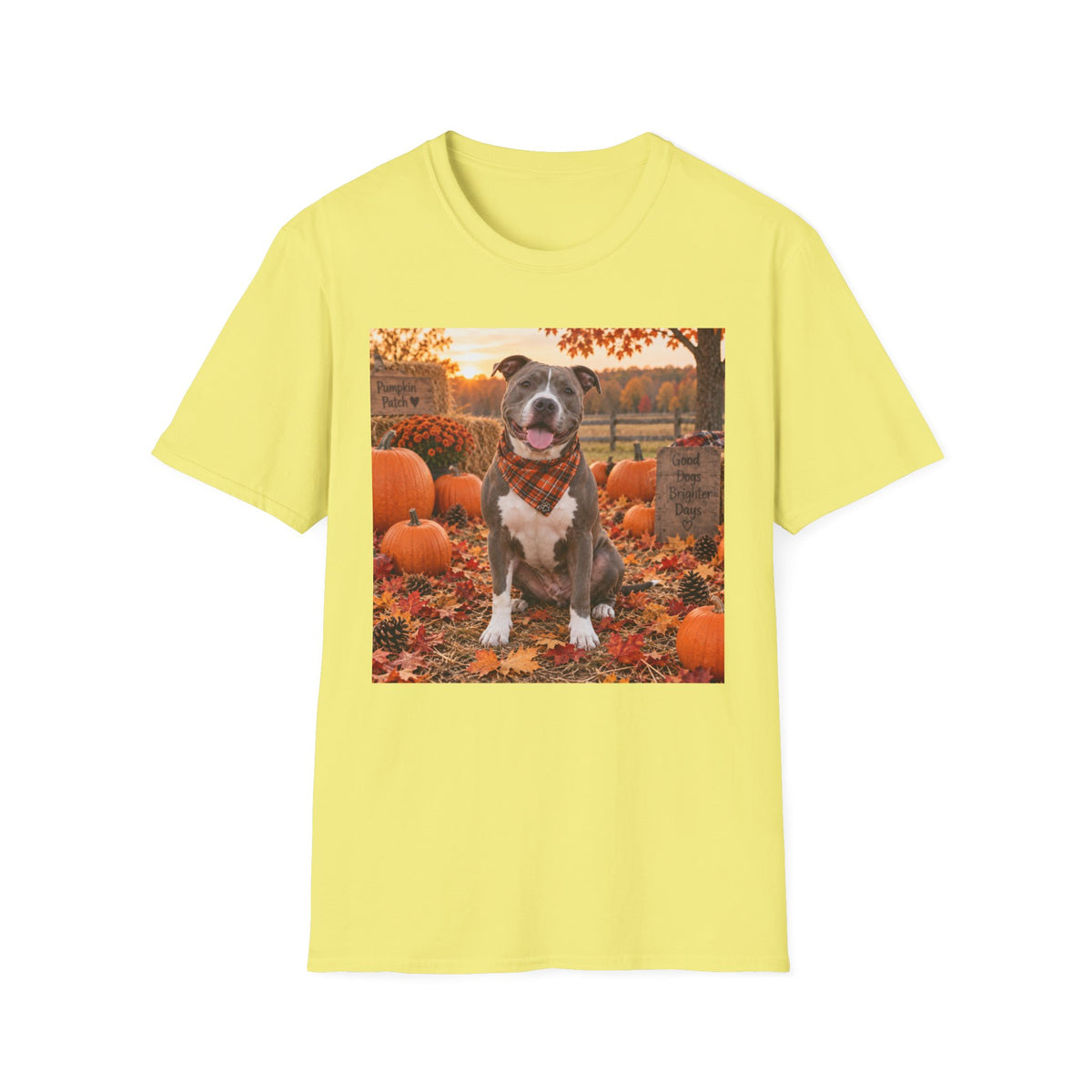 Fall Pumpkin Patch Dog T‑Shirt — Cute Pitbull in Autumn Scene