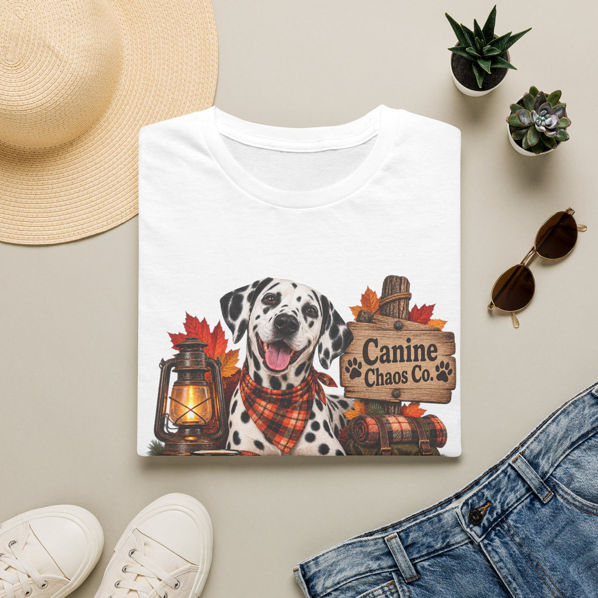 Dalmatian Autumn T-Shirt — "Canine Chaos Co." Fall Dog Tee