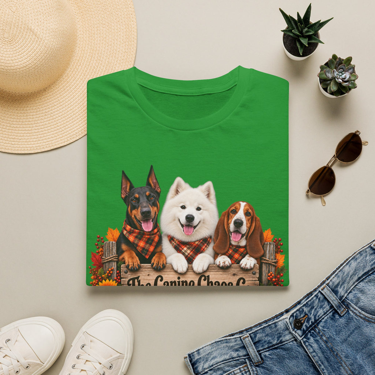 T-Shirt — Fall Dogs Trio "The Canine Chase Co." Plaid Pumpkin Tee