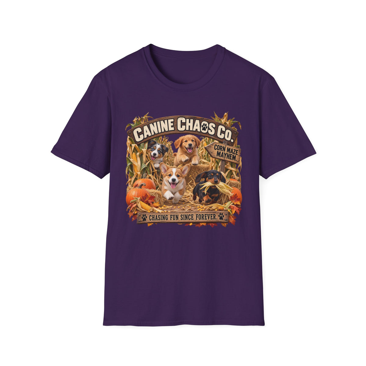 Canine Chaos Co. Fall Dogs T-Shirt — "Chasing Fun Since Forever"