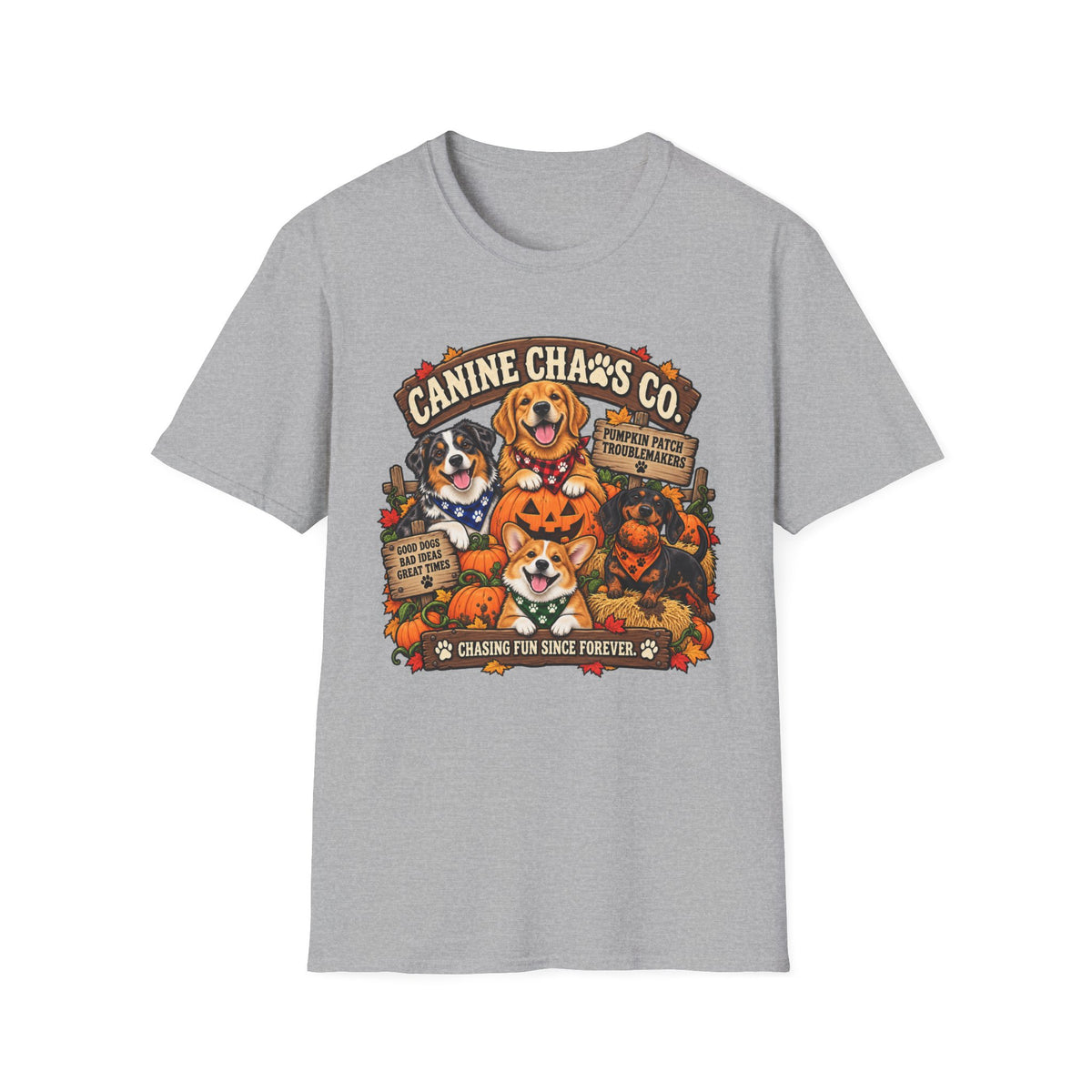 Canine Chaos Co. Halloween Dog T-Shirt — "Chasing Fun Since Forever" Cute Fall Puppy Tee