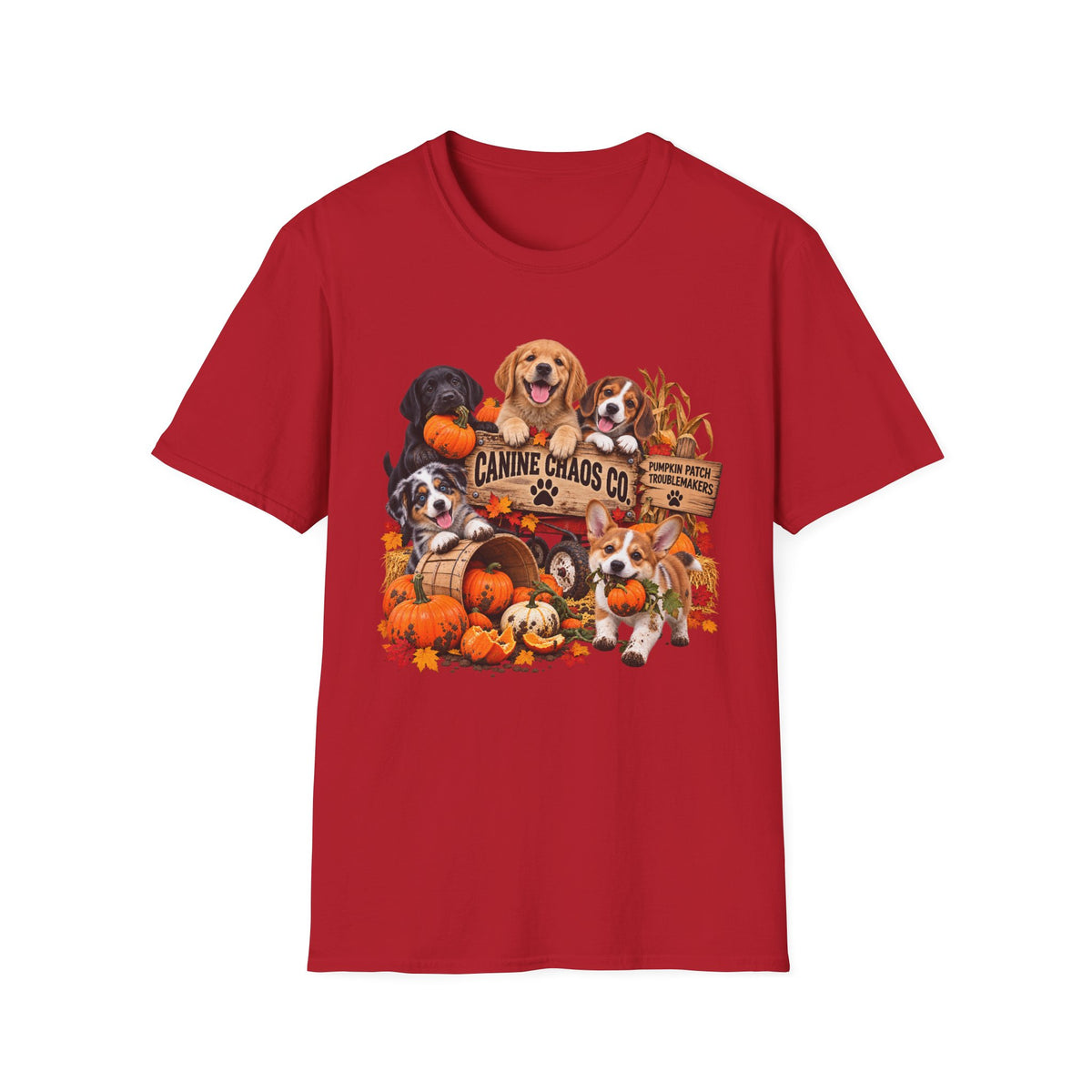 Halloween Dog Crew T-Shirt — "Canine Chaos Co." Autumn Pumpkin Puppy Tee