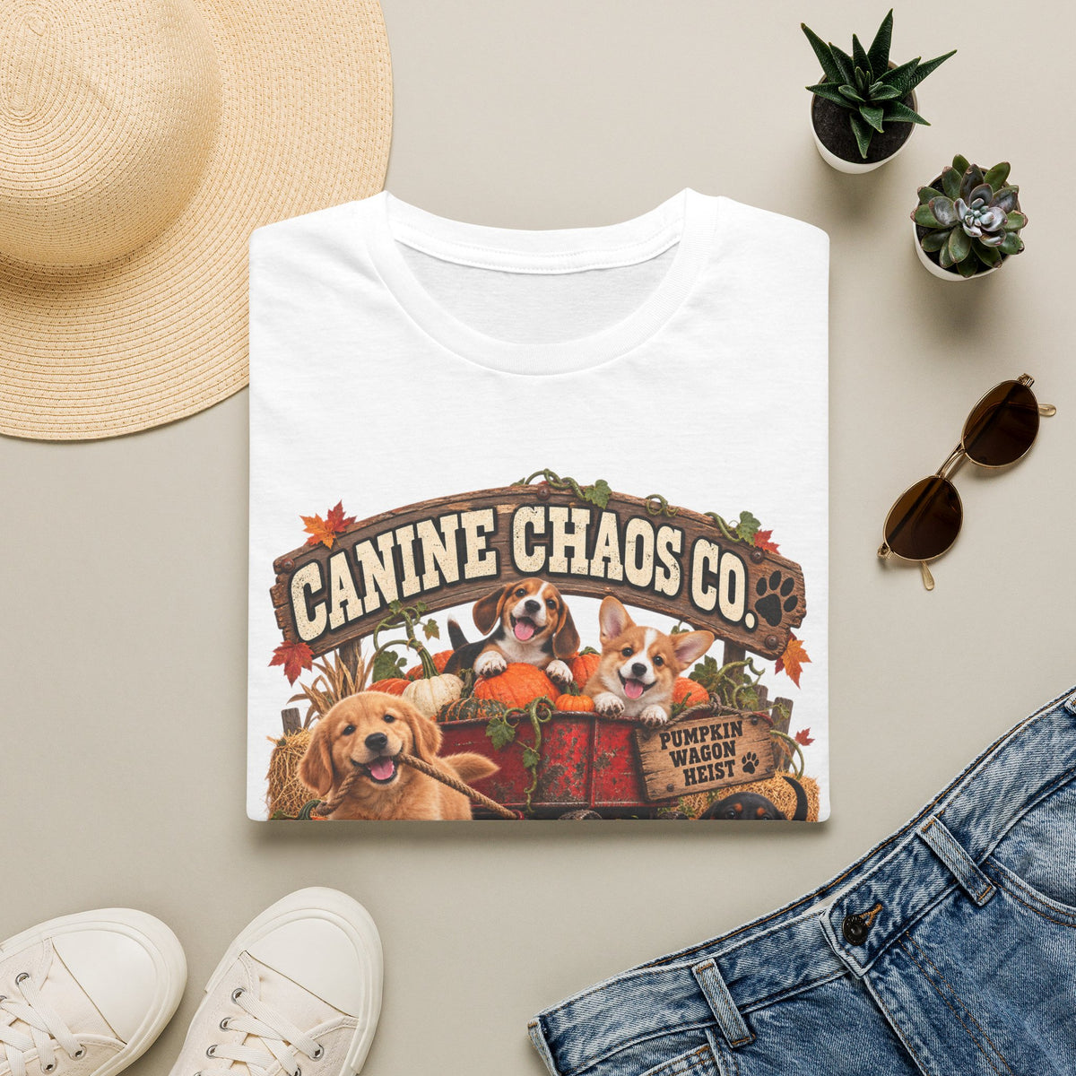 Canine Chaos Co. Fall Dogs T-Shirt — "Chasing Fun Since Forever"