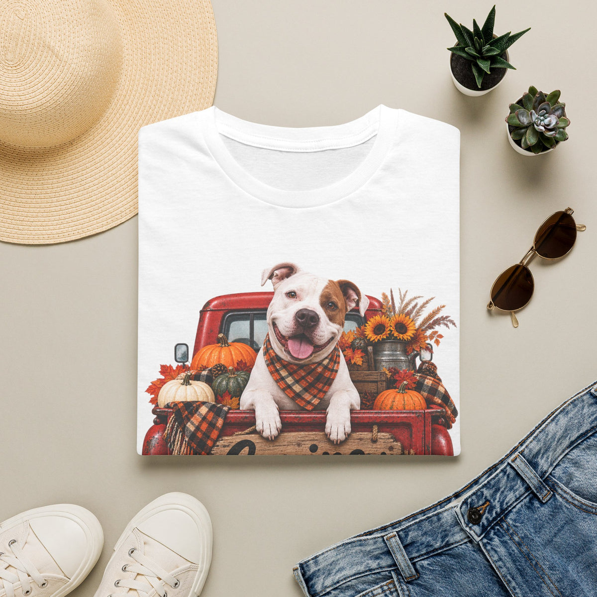 Dog Truck Fall T-Shirt — Cute Pitbull with Pumpkins & Sunflowers