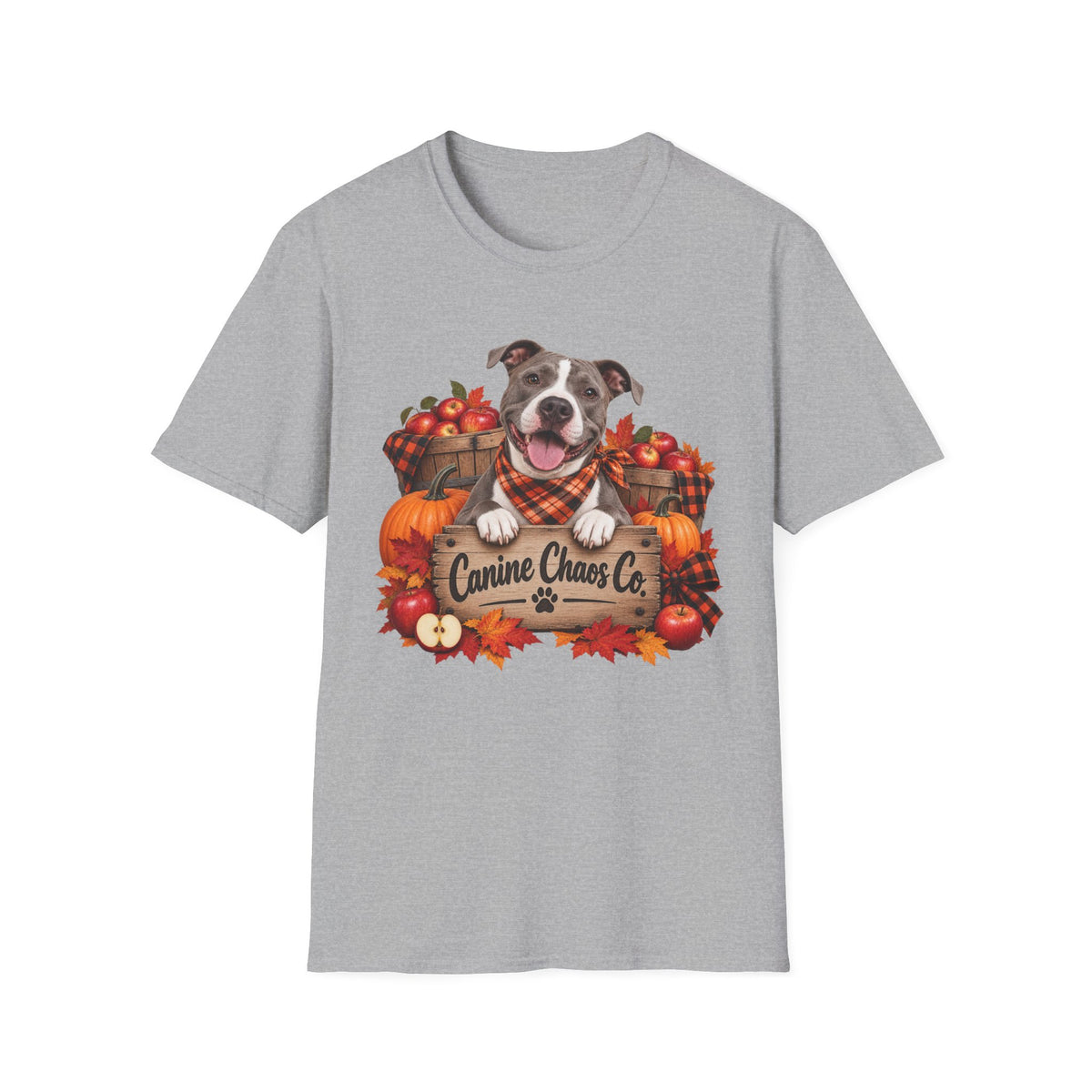 Fall Dog T-Shirt — 'Canine Chaos Co.' Autumn Pumpkin & Leaves Tee