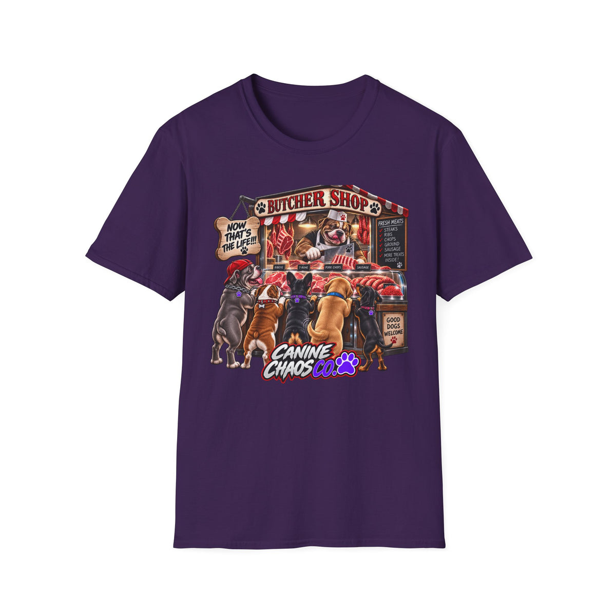 Canine Chaos Butcher Shop T-Shirt — Funny Dog Lover Graphic Tee