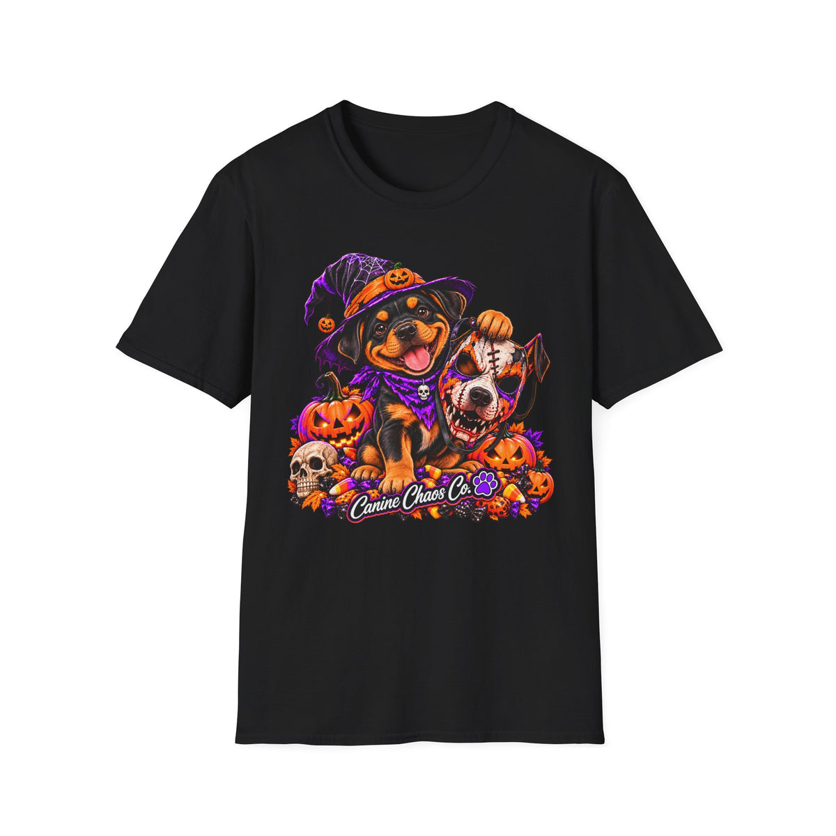 Halloween puppy T-Shirt — Cute Witch Dog with Pumpkins & Skulls