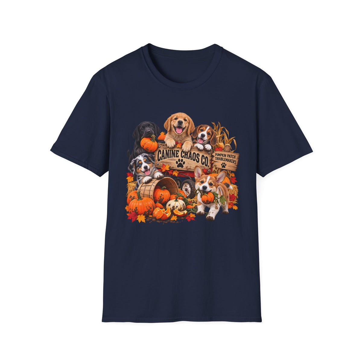 Halloween Dog Crew T-Shirt — "Canine Chaos Co." Autumn Pumpkin Puppy Tee