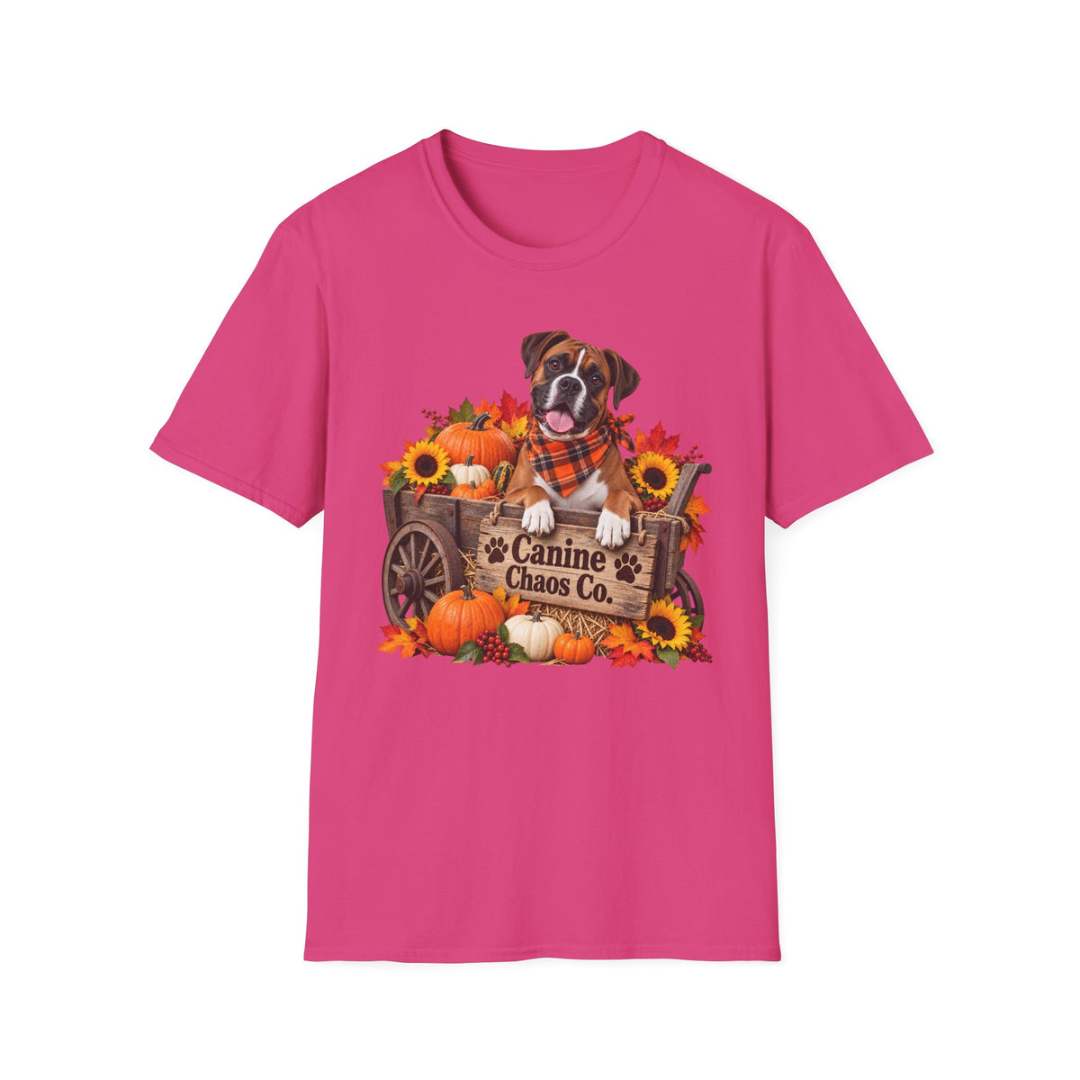 Fall Dog Pumpkin T‑Shirt — 'Canine Chaos Co.' Autumn Wagon Graphic