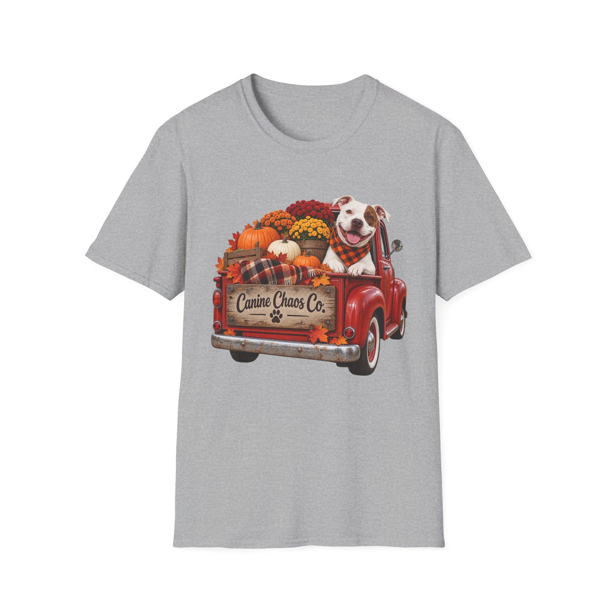 Fall Pickup Truck Dog T-Shirt — "Canine Chaos Co." Autumn Pet Tee