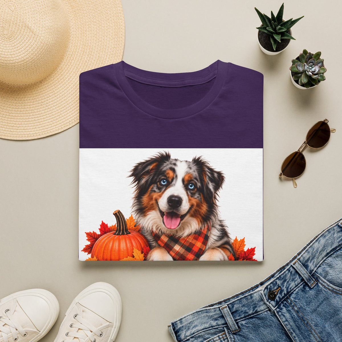 Autumn Aussie Dog T-Shirt — "Canine Chest Co." Fall Pumpkin Plaid Tee