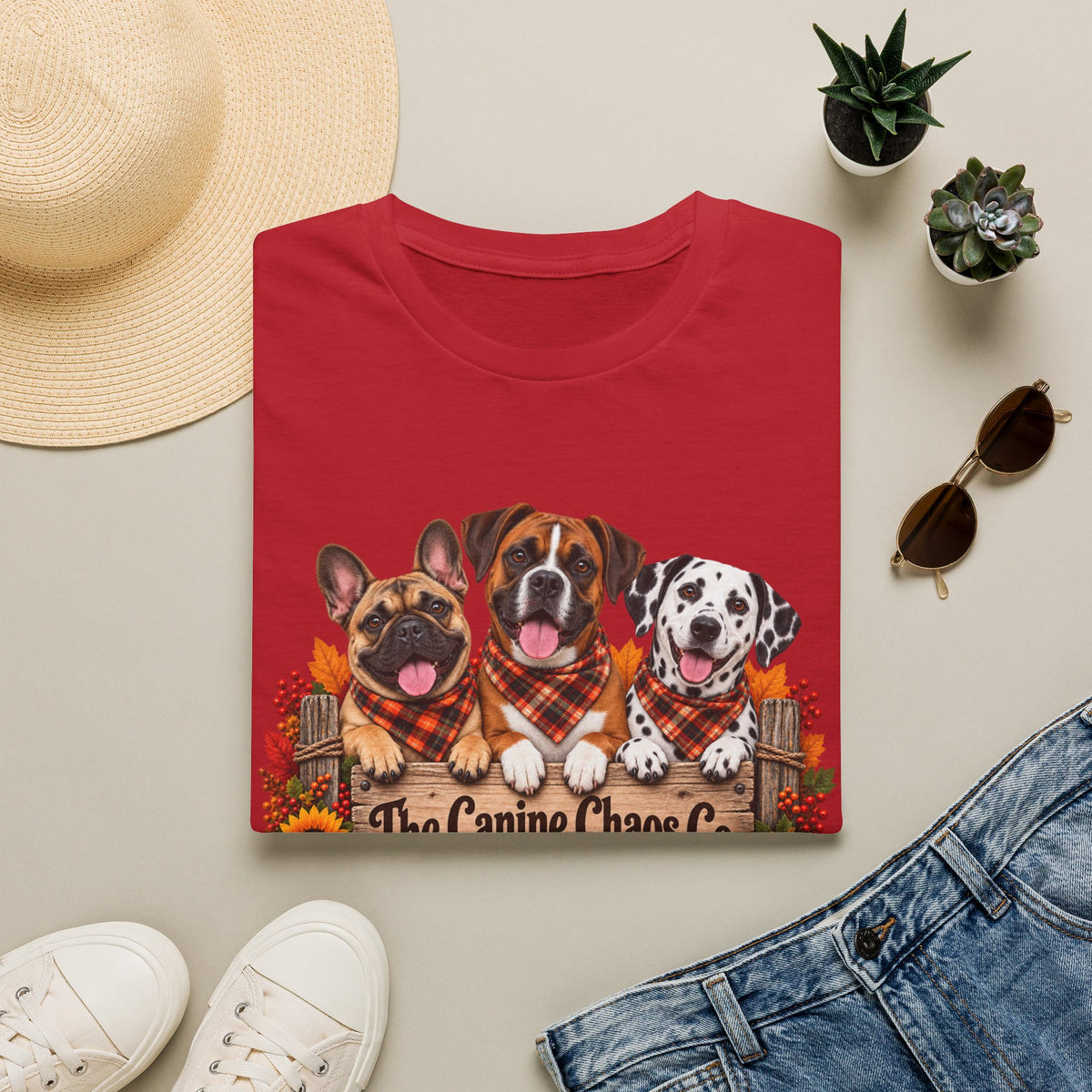 Fall Trio Dogs T-Shirt | Cute French Bulldog Boxer Dalmatian with Pumpkins