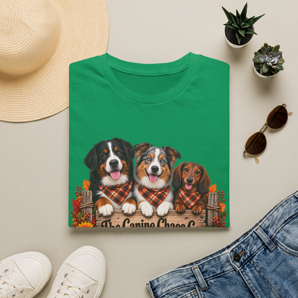 Three Dogs in Plaid Scarf Fall Leaves T-Shirt | Autumn Dog Trio