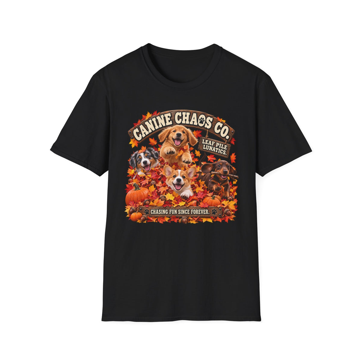 Canine Chaos Co. Fall Dogs T-Shirt — 'Leaf Pile Fanatics' Autumn Puppy Tee