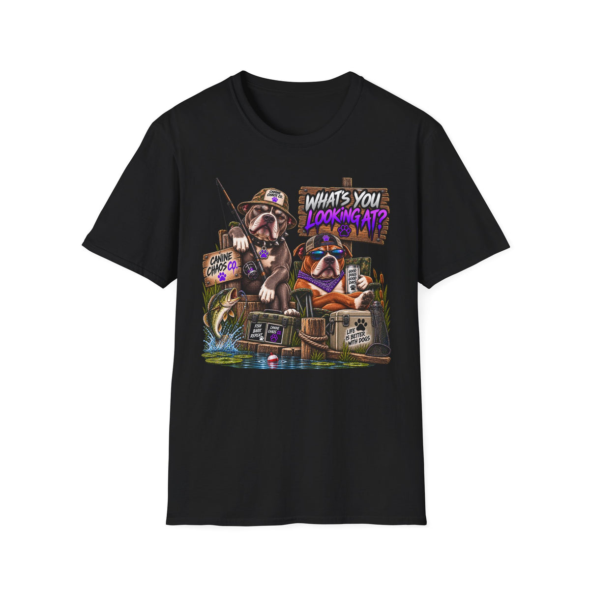 Fishing Dogs Graphic T-Shirt — "What's You Lookin' At?" Funny Outdoor Tee