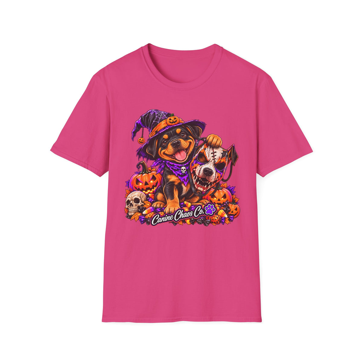 Halloween puppy T-Shirt — Cute Witch Dog with Pumpkins & Skulls