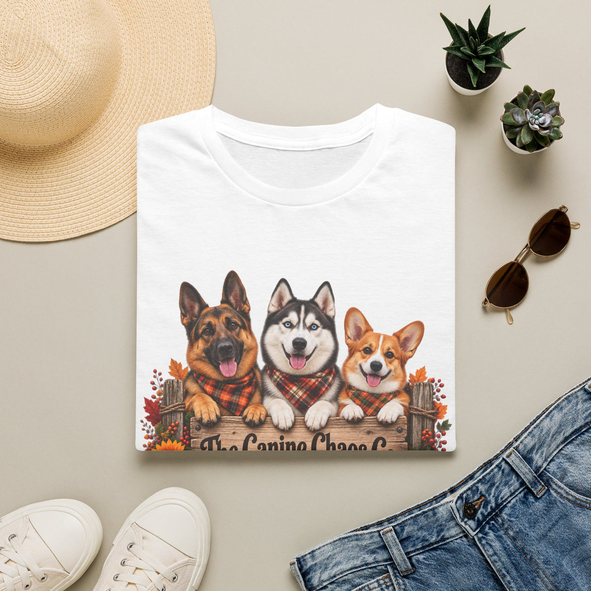 Three Dogs Fall Plaid Design T-Shirt | German Shepherd Husky Corgi