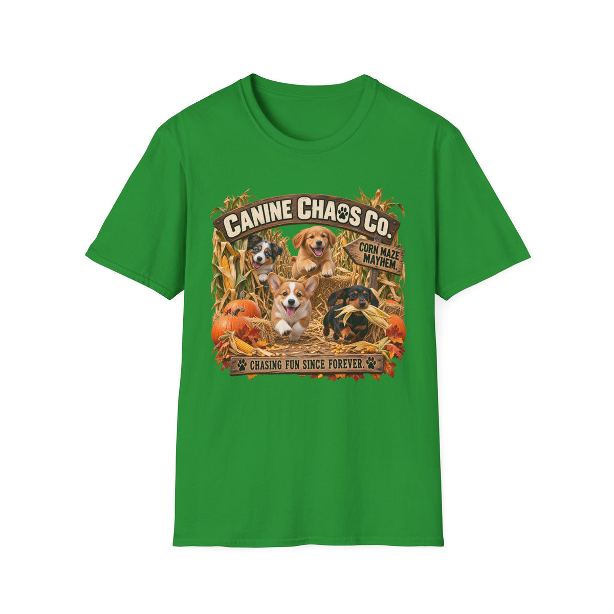 Canine Chaos Co. Fall Dogs T-Shirt — "Chasing Fun Since Forever"