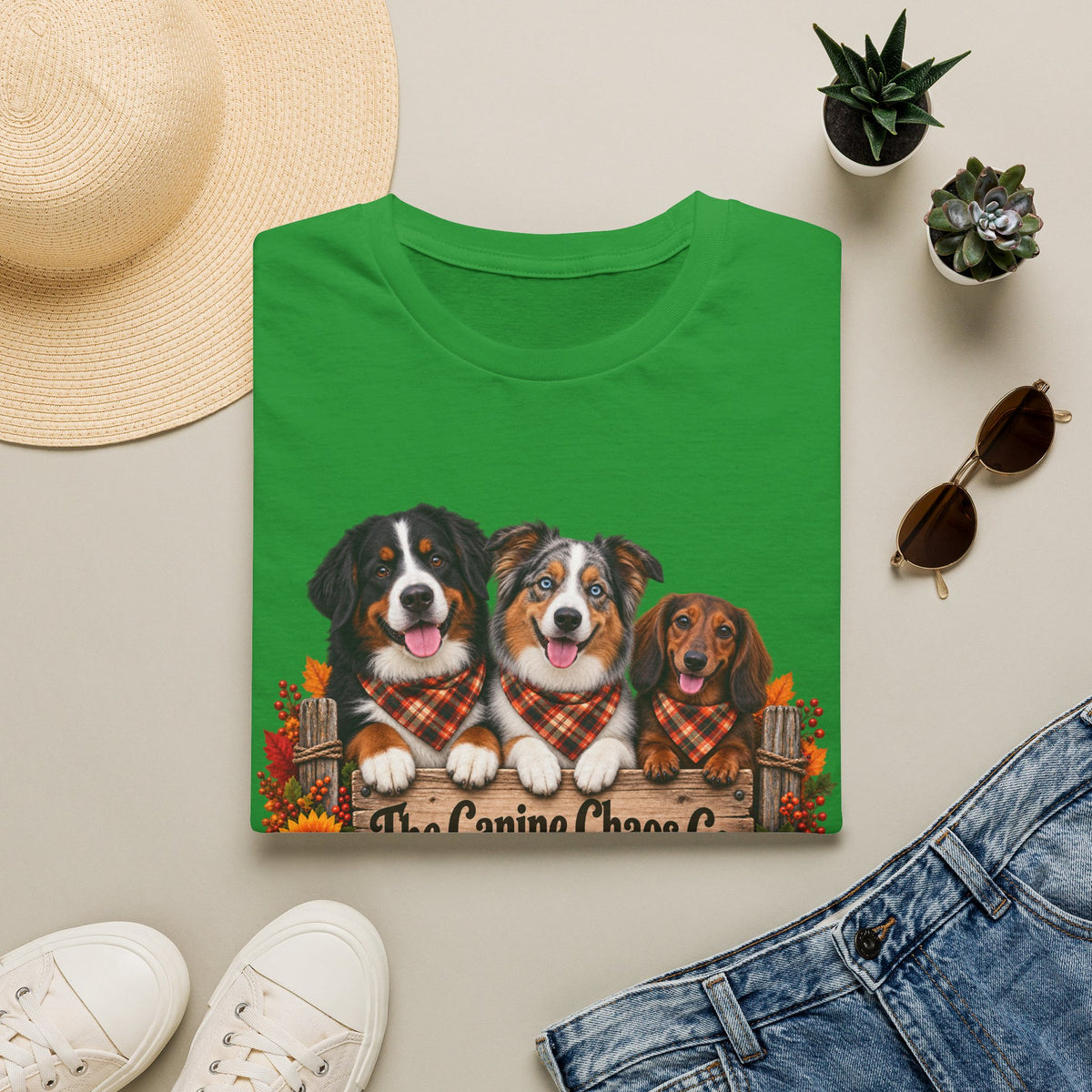 Three Dogs in Plaid Scarf Fall Leaves T-Shirt | Autumn Dog Trio