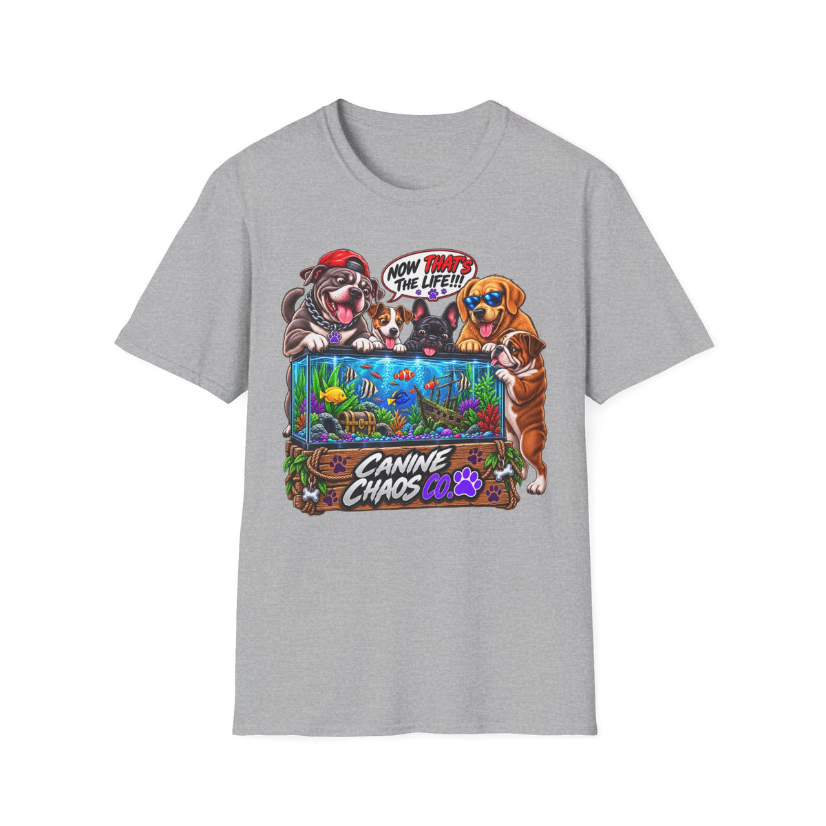 Canine Chaos Aquarium T-Shirt — Funny Dogs 'Now Save the Fish!' Graphic Tee