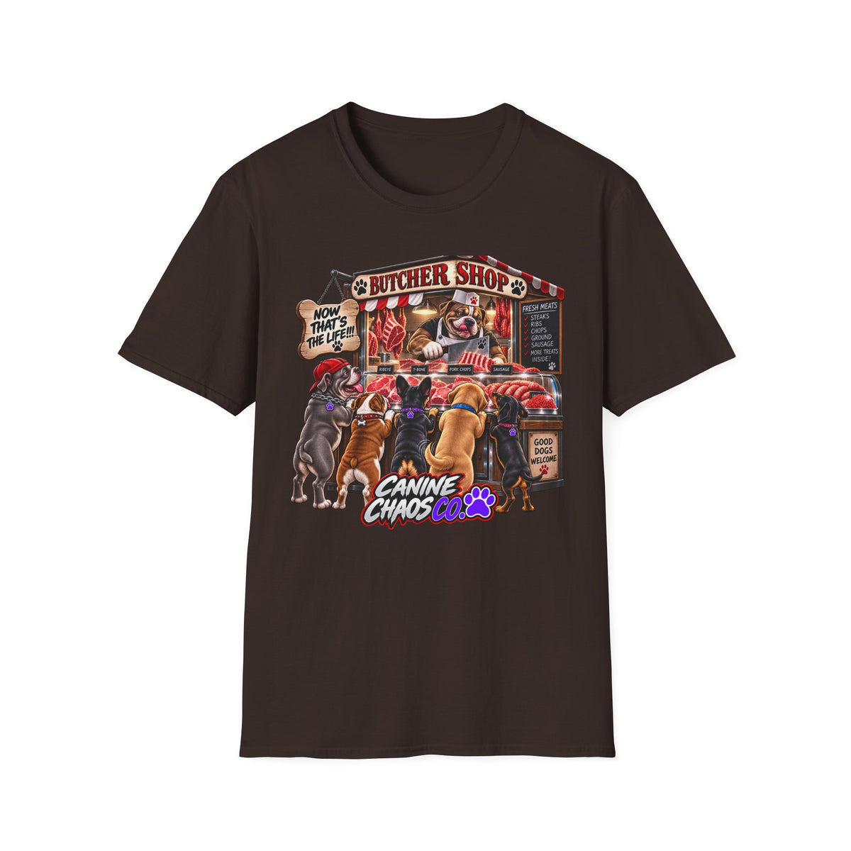 Canine Chaos Butcher Shop T-Shirt — Funny Dog Lover Graphic Tee