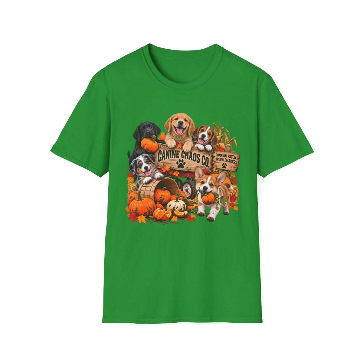 Halloween Dog Crew T-Shirt — "Canine Chaos Co." Autumn Pumpkin Puppy Tee