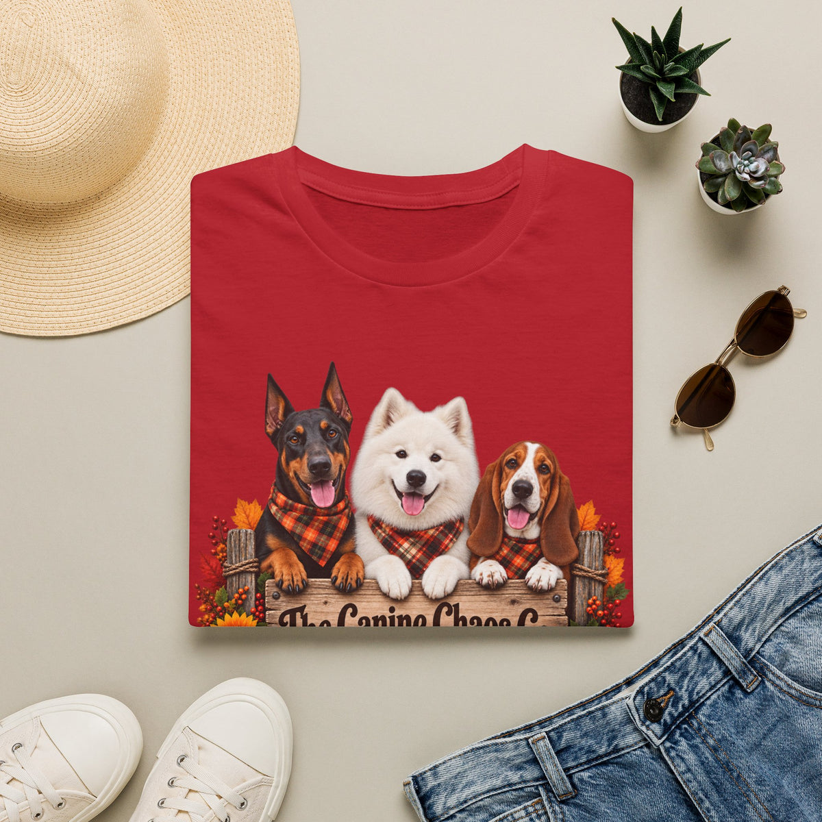 T-Shirt — Fall Dogs Trio "The Canine Chase Co." Plaid Pumpkin Tee