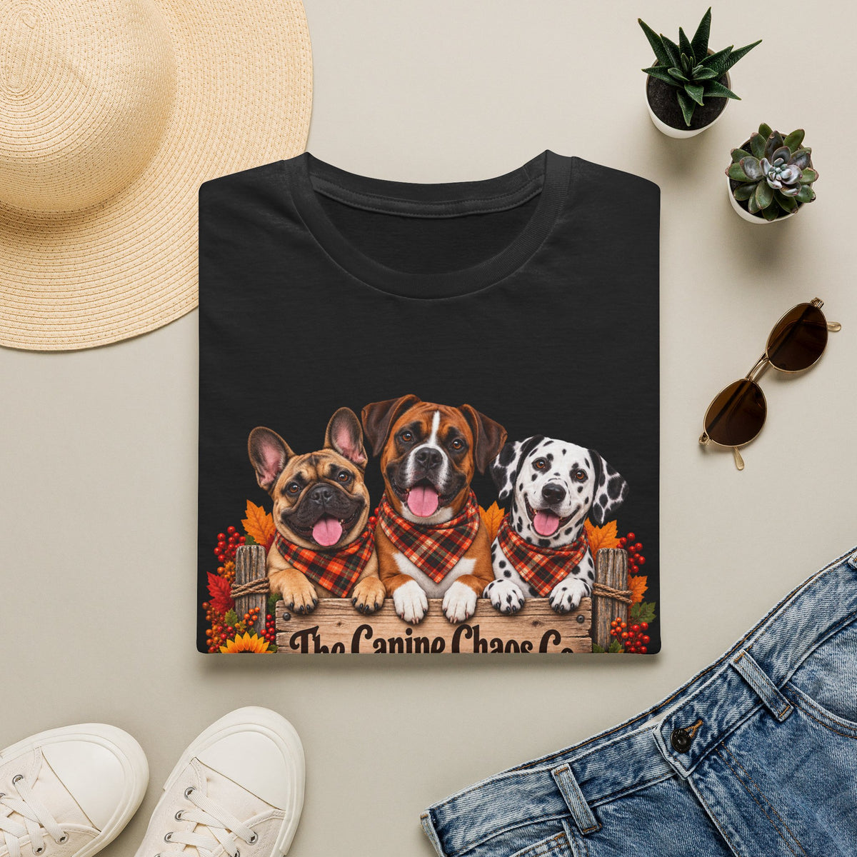 Fall Trio Dogs T-Shirt | Cute French Bulldog Boxer Dalmatian with Pumpkins