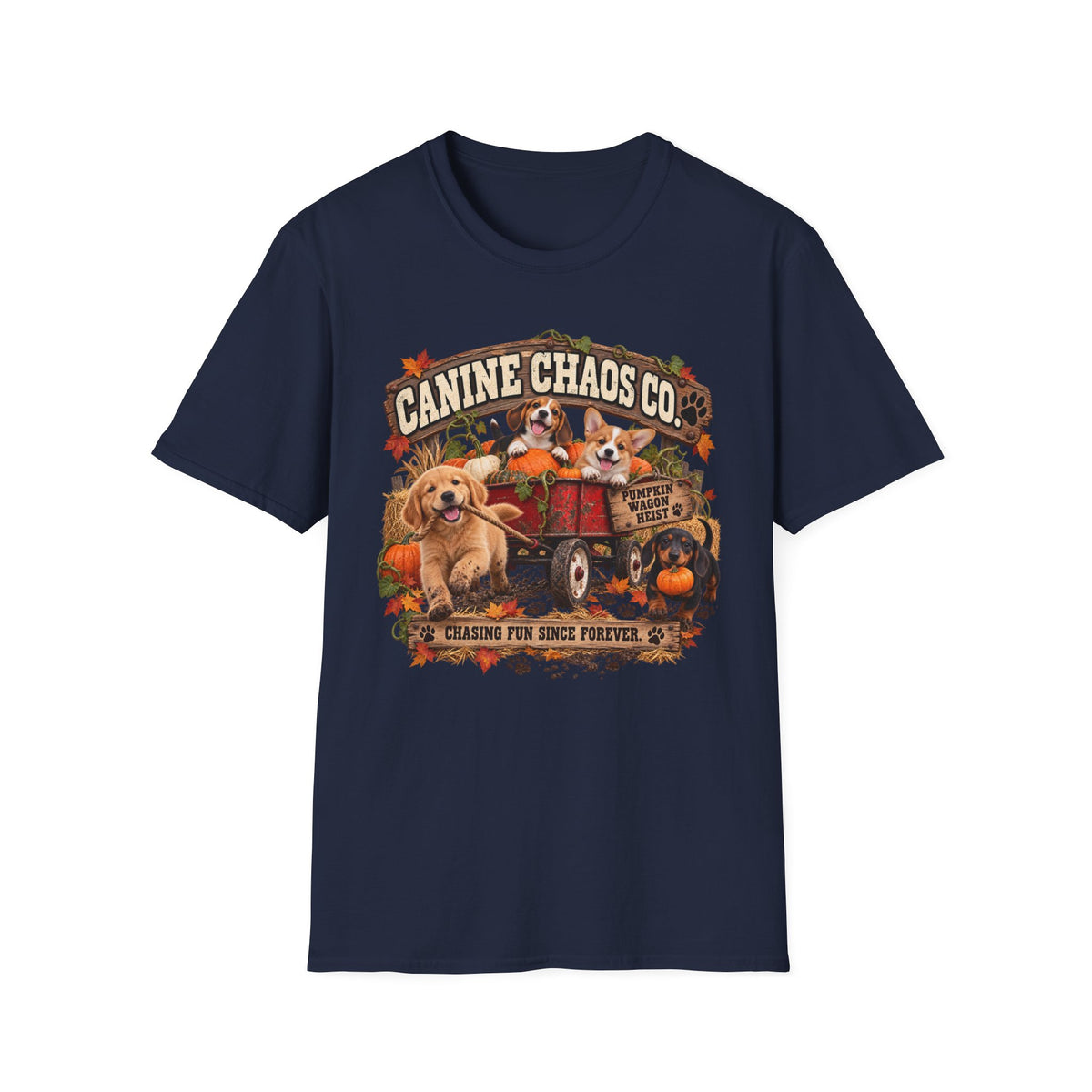 Canine Chaos Co. Fall Dogs T-Shirt — "Chasing Fun Since Forever"
