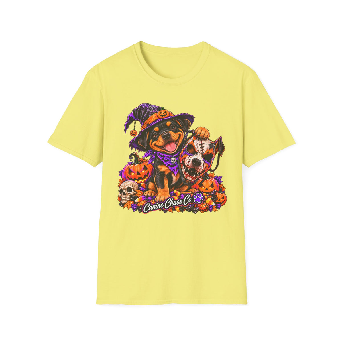 Halloween puppy T-Shirt — Cute Witch Dog with Pumpkins & Skulls