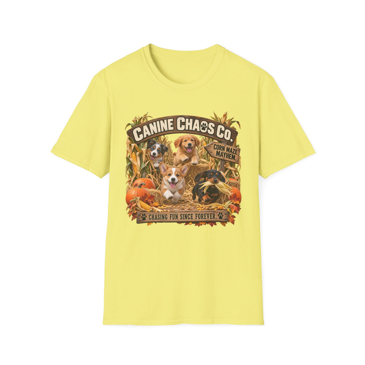 Canine Chaos Co. Fall Dogs T-Shirt — "Chasing Fun Since Forever"