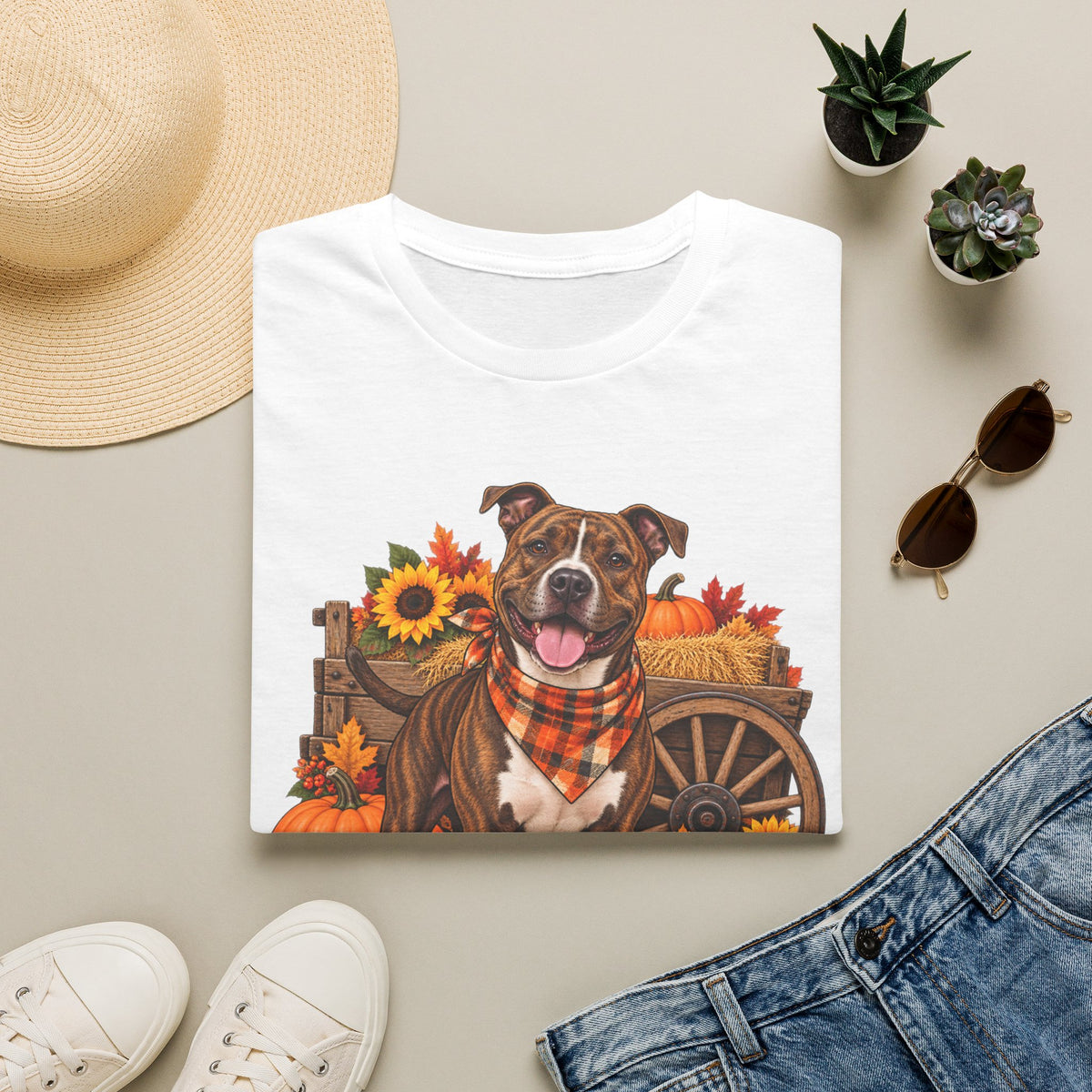Fall Dog T‑Shirt — Brown Pitbull with Pumpkins & Sunflowers Autumn Tee
