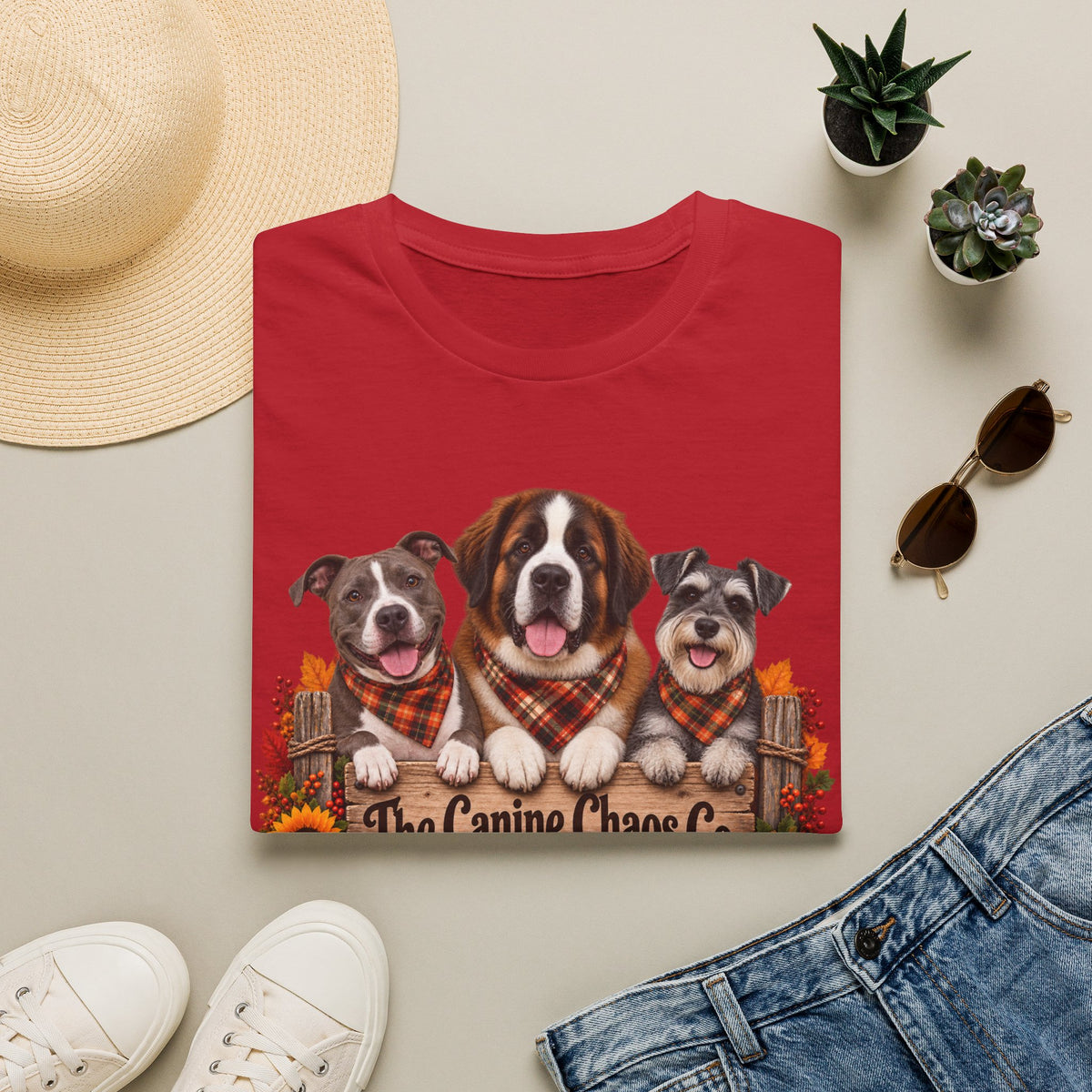Fall Dog Trio T-Shirt — "The Canine Chaos Co." Plaid Pumpkin Tee