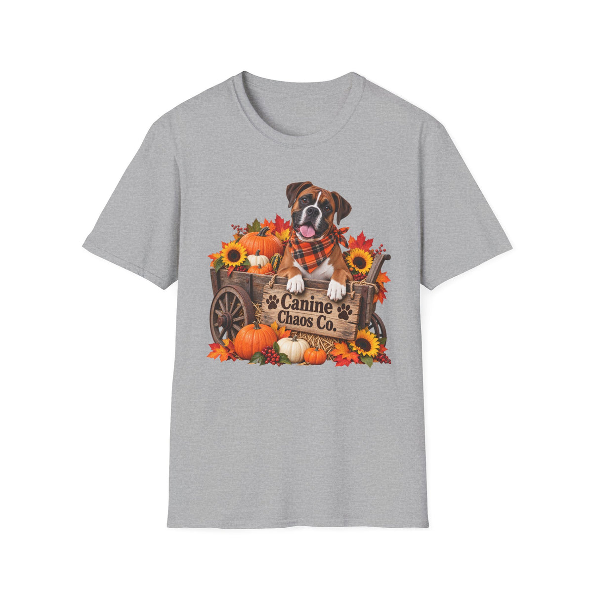 Fall Dog Pumpkin T‑Shirt — 'Canine Chaos Co.' Autumn Wagon Graphic