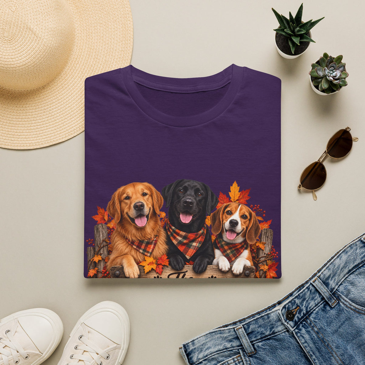 Three Fall Dogs T-Shirt | Autumn Leaves Labrador Beagle Graphic