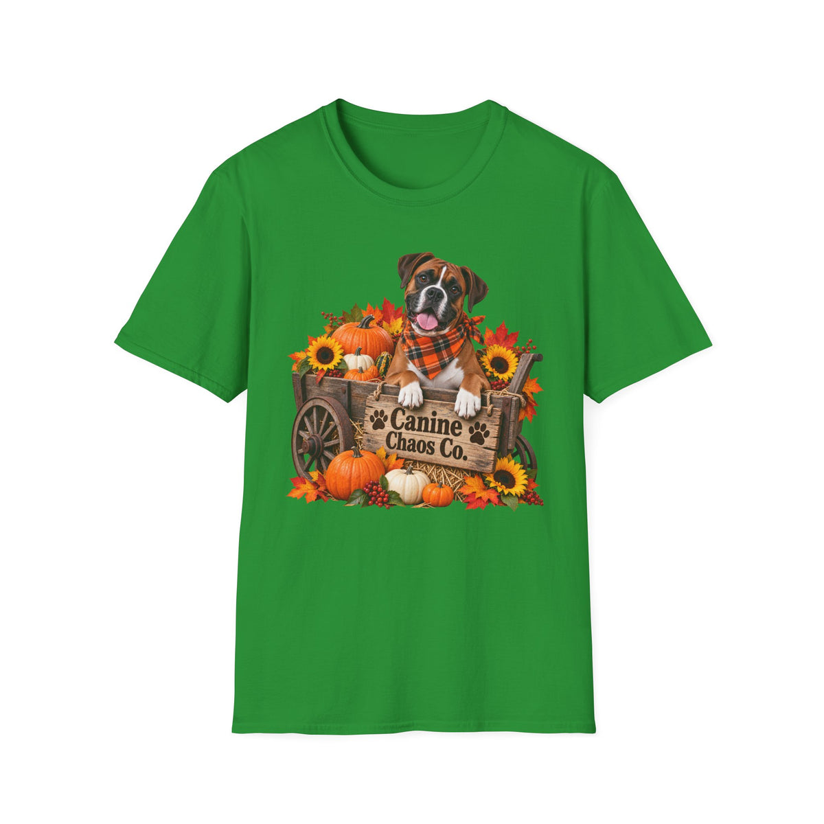 Fall Dog Pumpkin T‑Shirt — 'Canine Chaos Co.' Autumn Wagon Graphic