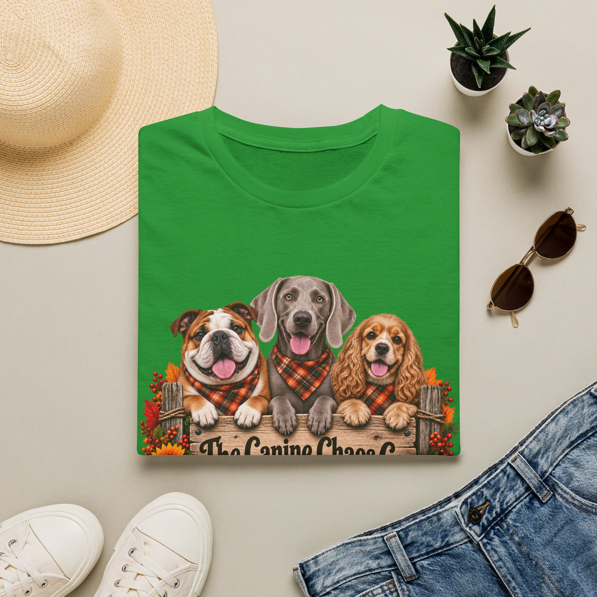 Dog Trio Fall Tee — "The Canine Chase Co." Autumn Puppies T-Shirt