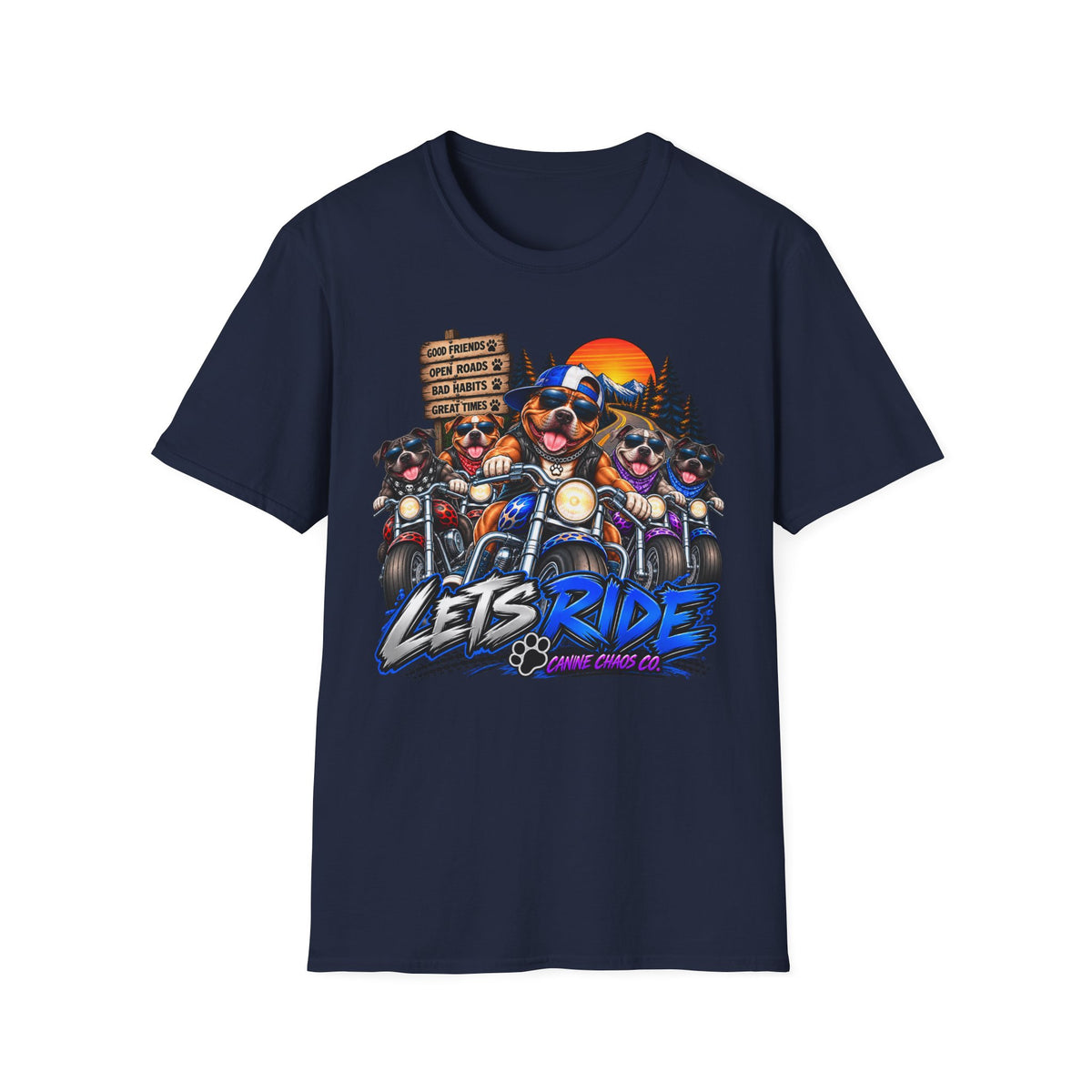 Lets Ride Motorbike T-Shirt — Retro Biker Dogs Sunset Graphic Tee