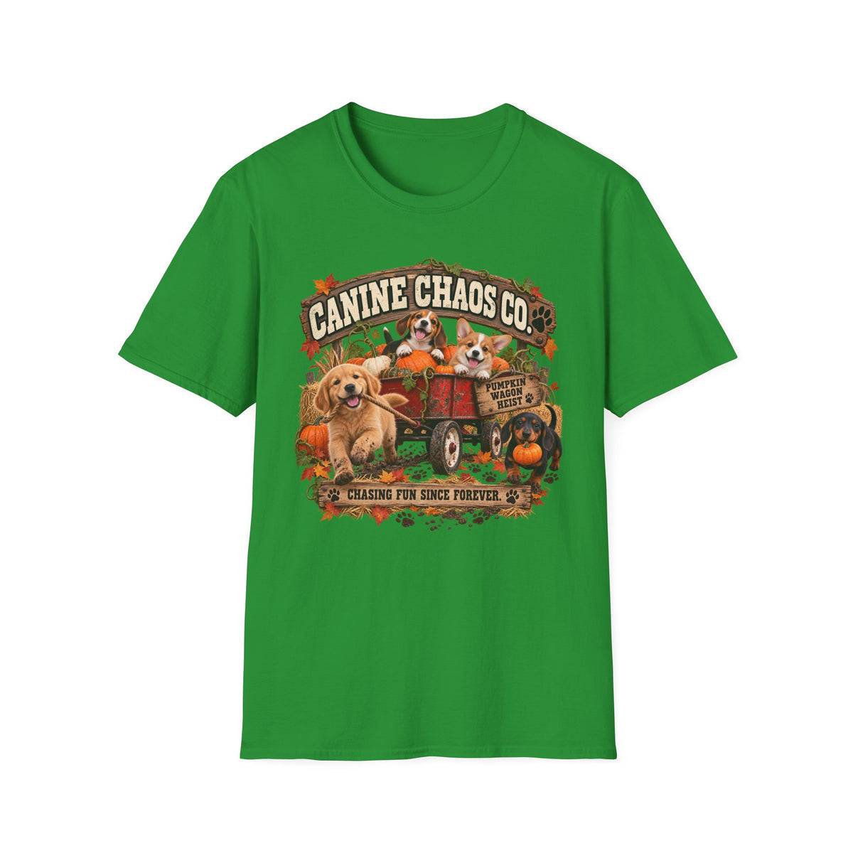 Canine Chaos Co. Fall Dogs T-Shirt — "Chasing Fun Since Forever"