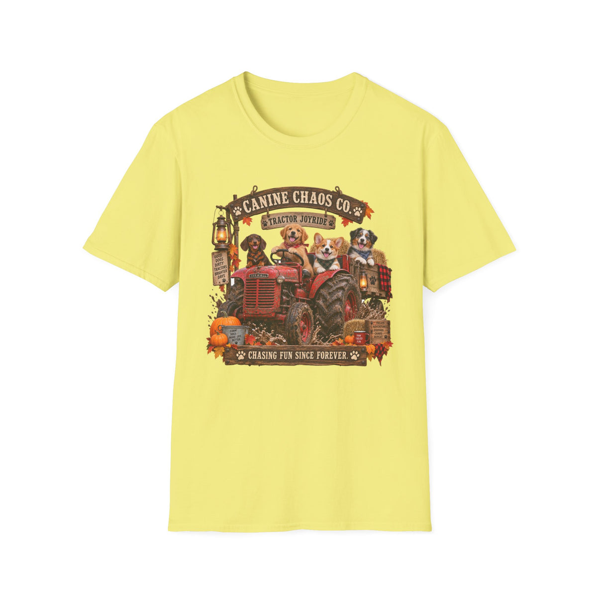 Canine Chaos Co. Fall Tractor T-Shirt — Cute Dogs on Tractor, Harvest & Pumpkin Farm Tee