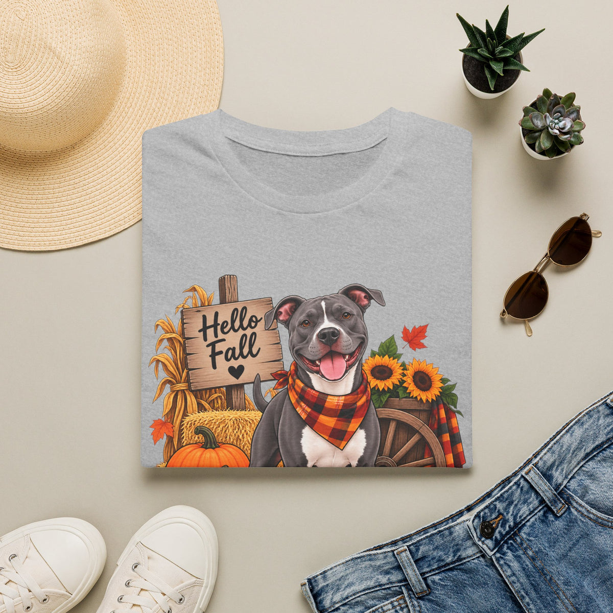 Hello Fall Dog T-Shirt — Autumn Pumpkins & Sunflowers Graphic Tee